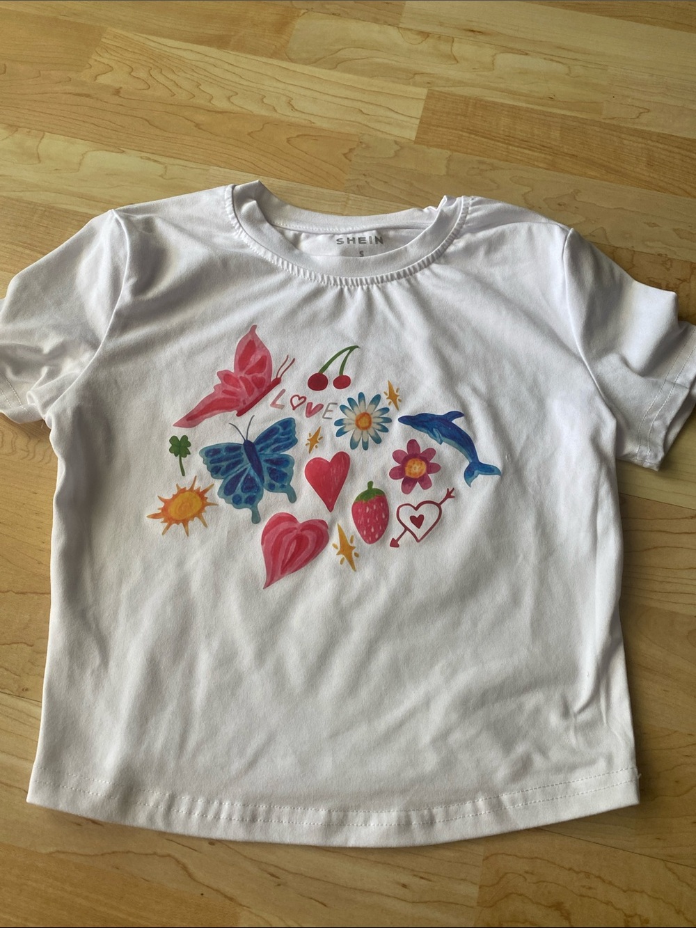 White Short-Sleeve crop Tee with Colorful Butterfly, Heart & Fruit Graphics